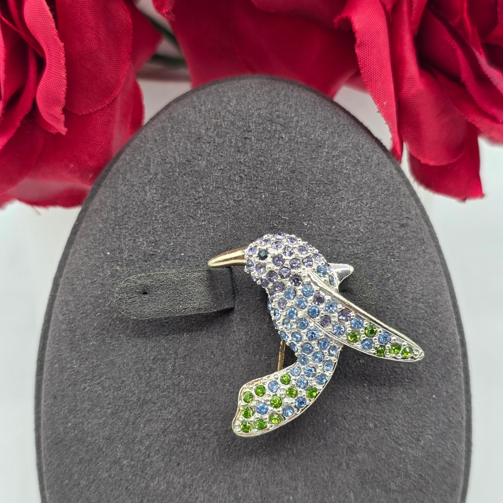 Monet Hummingbird Brooch Rhinestone Pave Blue Purple Green Bird Pin Silver Tone